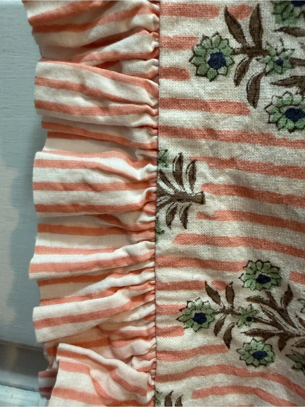 Pillow Cover Block Print Pink Stripe With Ruffle 35 X 14 Uses XL Lumbar Pillow